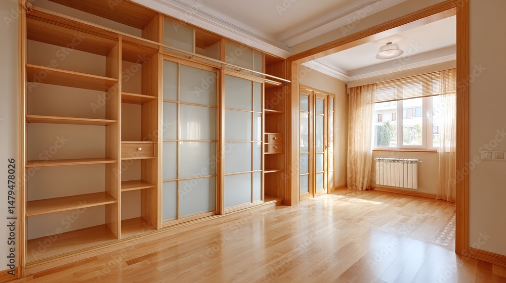 Obraz premium Bright room features a built-in closet with sliding doors and open shelves, leading to a sunlit area with a window and radiator, complemented by a wooden floor.