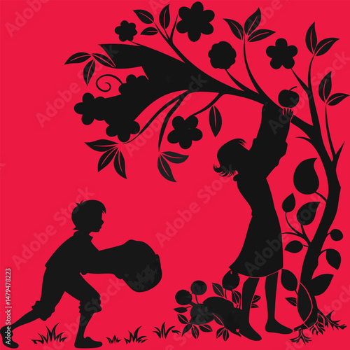 Silhouette of Children Picking Fruit from a Tree