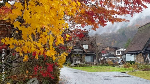 Shirakawago Japanese village Unesco heritage site in Autumn red yellow leaves Japan travel landmark