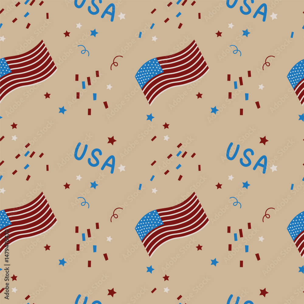Obraz premium Happy 4th July America Independence Day seamless repeating pattern. Cartoon background with American flag, serpentine inscription USA. Design for holiday, greetings, banner. Flat vector illustration
