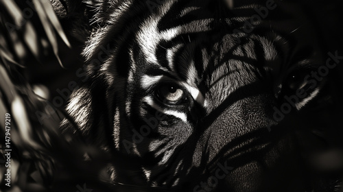 tiger face emerging from jungle shadows cinematic lighting closeup shot. wildlife photography