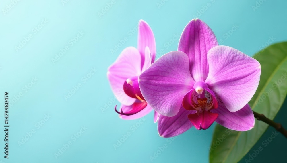 Obraz premium Two pink orchid blossoms, single leaf, light blue backdrop , floral design, botanical, blossom