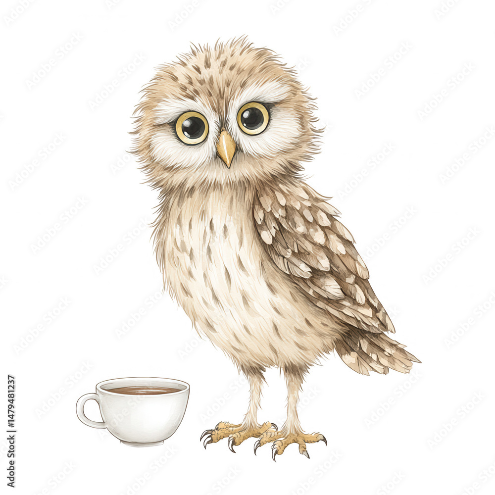 Naklejka premium Adorable cartoon owl with big eyes stands next to a cup of coffee art.