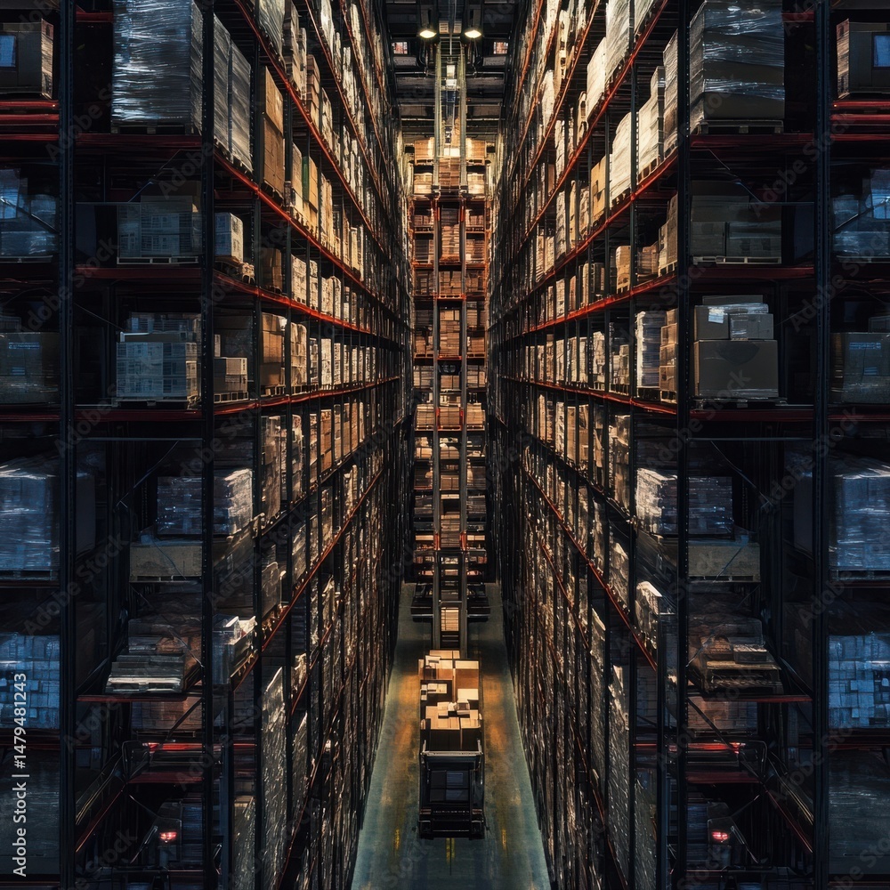 Obraz premium High Angle View of a Modern Warehouse Interior with Rows of Stacked Pallets and a Forklift