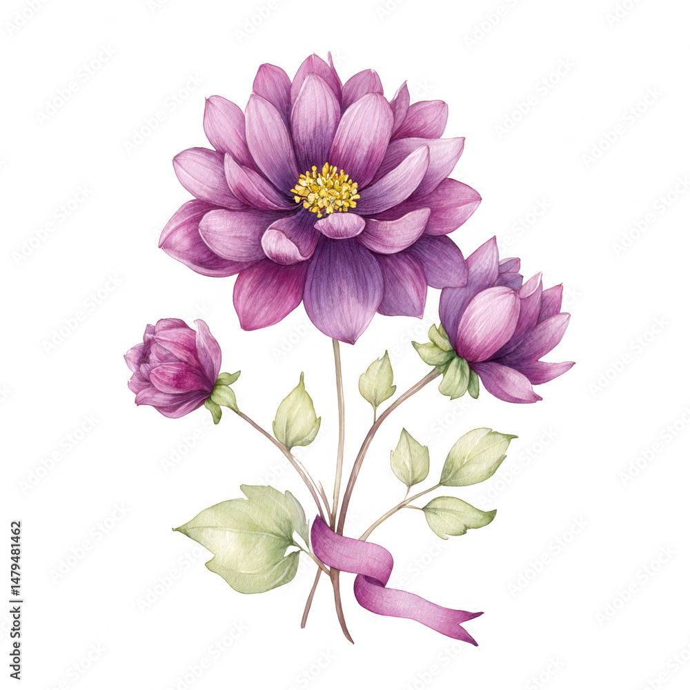 Obraz premium Watercolor dahlia arrangement in shades of purple and green on white art.