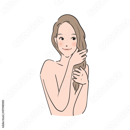 丁寧にヘアケアをするロングヘアの女性