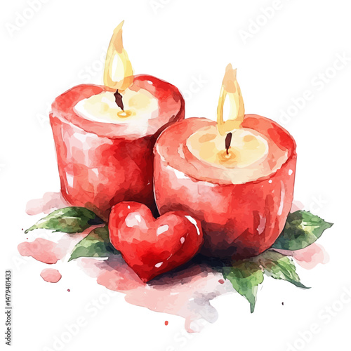 watercolor vector of Valentines Day Candlelight, isolated on a white background.
