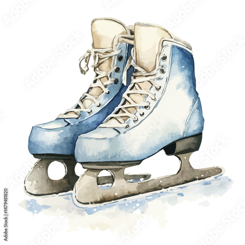 Ice Skates, watercolor illustration, isolated on a white background.