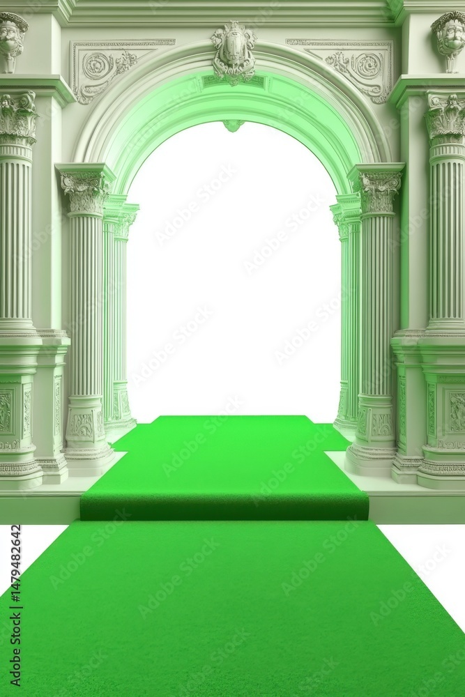 Fototapeta premium Green carpet leading to arched entrance with columns and ornate details studio shot architectural design element