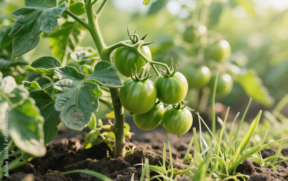 Tomato plants thrive in fertile soil, surrounded by wild grass. Green, unripe tomatoes hang beneath imperfect leaves, adding a raw, natural touch. Bright lighting enhances the fresh, organic feel. Tomato plants thrive in fertile soil, surrounded by wild grass. Green, unripe tomatoes hang beneath imperfect leaves, adding a raw, natural touch. Bright lighting enhances the fresh, organic feel.