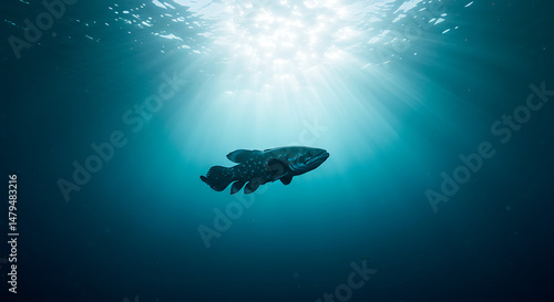 Coelacanth underwater sun rays majestic ancient fish ocean deep sea beauty