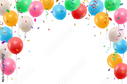 Vector colorful party balloons, confetti and streamers decorative border isolated on white background
