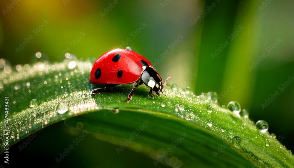 Fototapeta premium Primer plano de una mariquita posada sobre una hoja. Las gotas de rocío aportan un toque fresco a la escena. Elfo rojo; primer plano; enfoque selectivo.