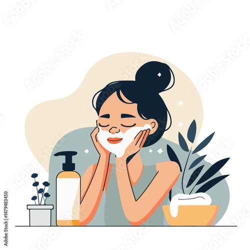 Girl washing foam face with bubbles, clean and skin care. Young woman applying cleansing beauty product soap, scrub, gel, foam on cheeks. Skincare daily routine, hygiene. Vector flat illustration