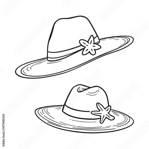 black and white vector of starfish and straw hat