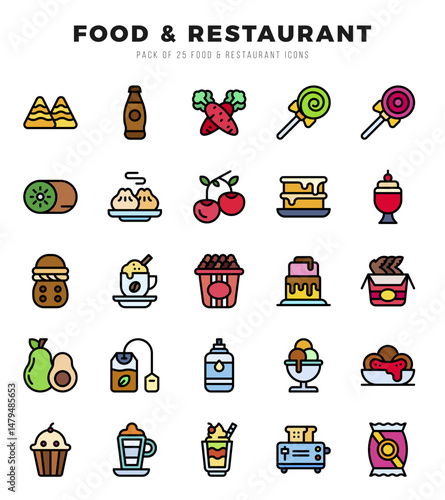 Set of Food and Restaurant Icons. Simple line art style icons pack.