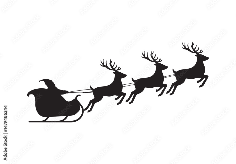 Obraz premium Santa Claus Sleigh Silhouette with Reindeers. Christmas Vector Illustration.