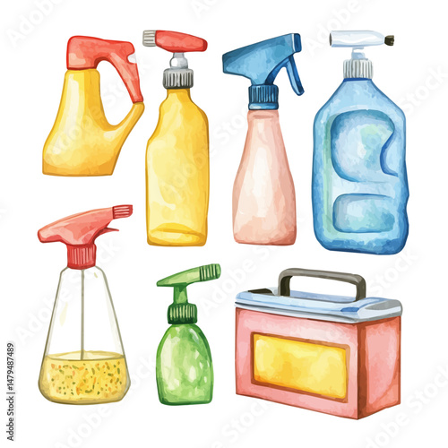 Cleaning Supplies, watercolor vector, isolated on a white background.
