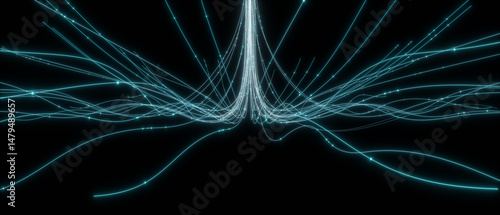 Fototapeta Naklejka Na Ścianę i Meble -  3D rendering glowing lines converging into central beam of light on black background