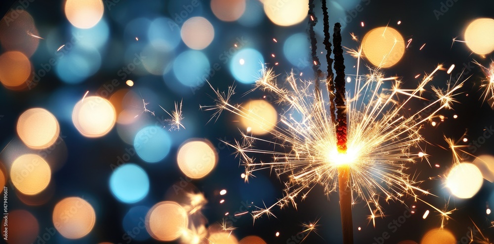 Obraz premium A dazzling sparkler ignites in a dark setting. illuminating the night with vibrant light. surrounded by softly blurred bokeh lights creating a festive atmosphere