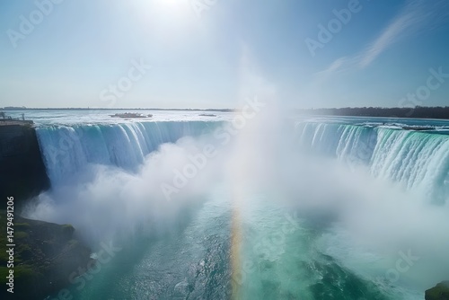 Cascading Waterfall with Mist and Rainbow Under a Clear Sky