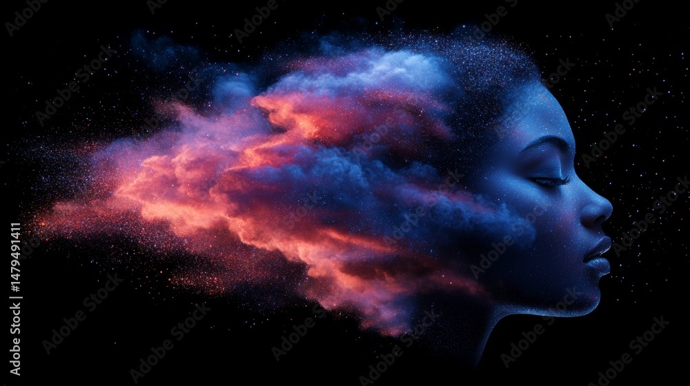 A dark background serves as the setting for a woman's profile, which is accompanied by a colorful, cloud-like or smoke formation that originates from her head A dark background serves as the setting for a woman's profile, which is accompanied by a colorful, cloud-like or smoke formation that originates from her head