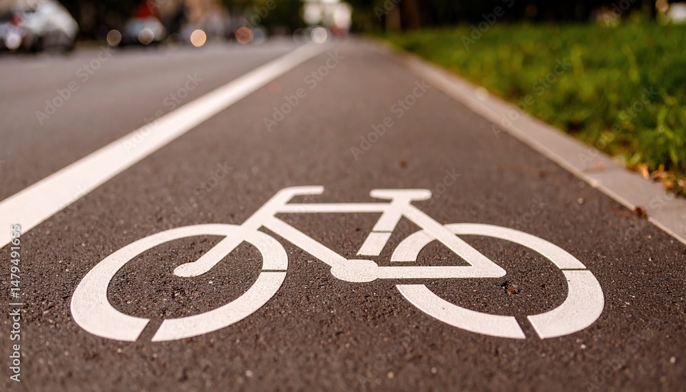 Obraz premium white bicycle sign painted on asphalt road, city cycling concept