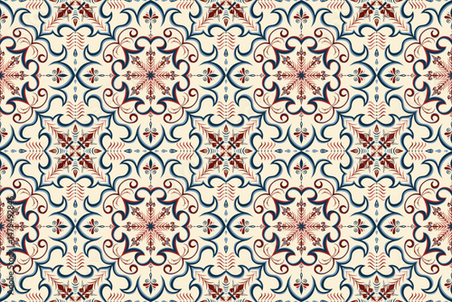 Arabesque Floral Pattern in Crimson Indigo on Sand Beige – Seamless Ethnic Textile Design