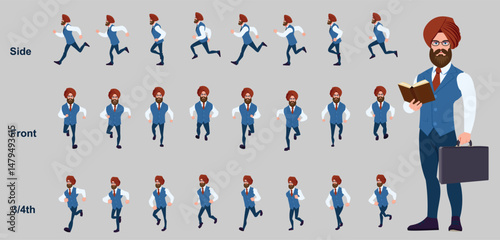 Man Character design. Front, side, back view and explainer animation poses. Character set with lip sync and facial expressions of Happy, angry, sad, Joy with Side walk cycle animation sequence sprite 