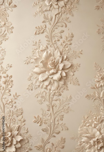 Luxurious cream textile with embossed floral motif; sophisticated, subtle textures , texture, illustration, summer