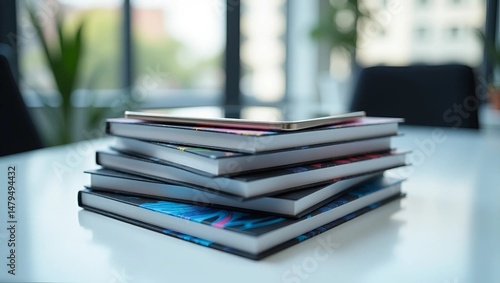 Stack of Modern Technology Books with Blurred Background
