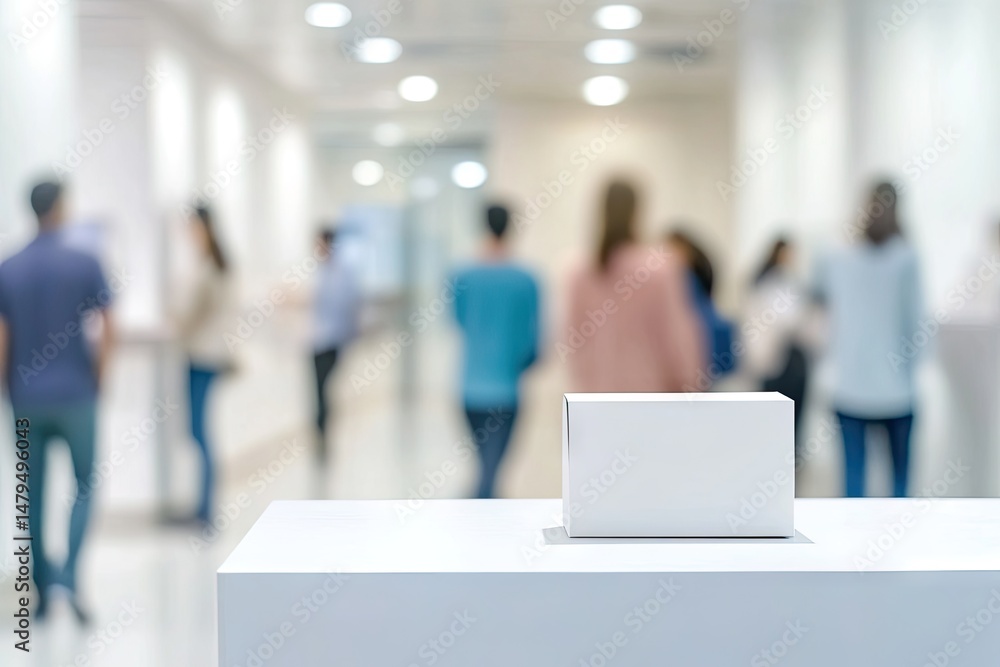 Fototapeta premium A modern. bright reception area with blurred figures in the background. showcasing a welcoming environment for visitors and clients in a professional setting