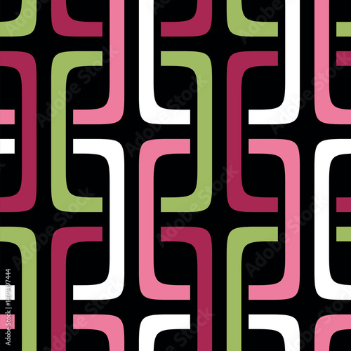 Abstract geometric composition with colorful interlocking rings on a black background. Trendy modern style. Seamless repeating pattern. vector illustration.