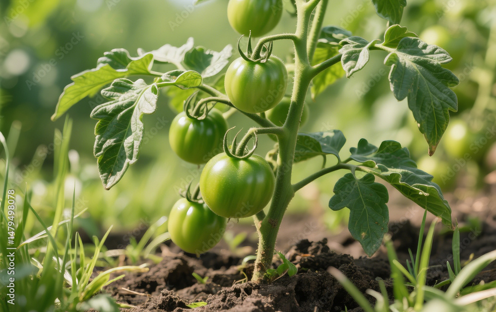 Tomato plants thrive in fertile soil, surrounded by wild grass. Green, unripe tomatoes hang beneath imperfect leaves, adding a raw, natural touch. Bright lighting enhances the fresh, organic feel. Tomato plants thrive in fertile soil, surrounded by wild grass. Green, unripe tomatoes hang beneath imperfect leaves, adding a raw, natural touch. Bright lighting enhances the fresh, organic feel.