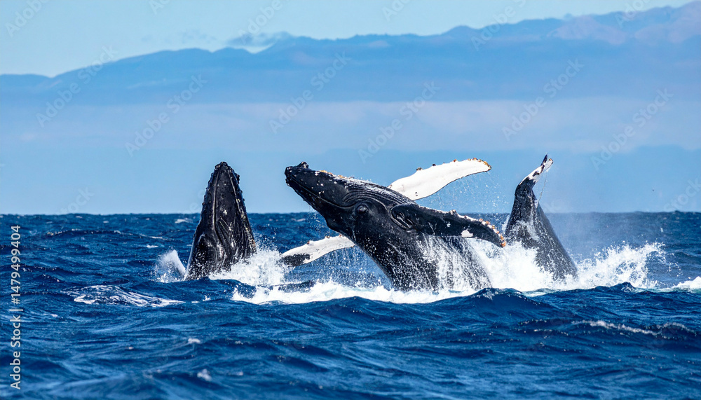 Fototapeta premium Whales breach the ocean surface, revealing white fins against blue water and cloudy sky background
