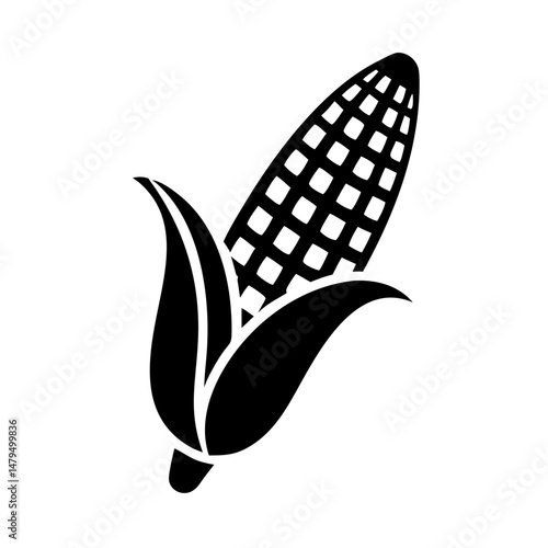 Black and white illustration of an ear of corn with leaves