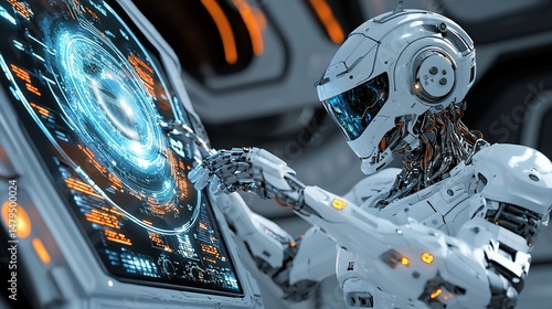 Futuristic humanoid robot interacting with interactive hitech display panel