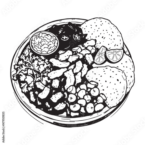 Chicken fajita served on wooden plate in line art vector style