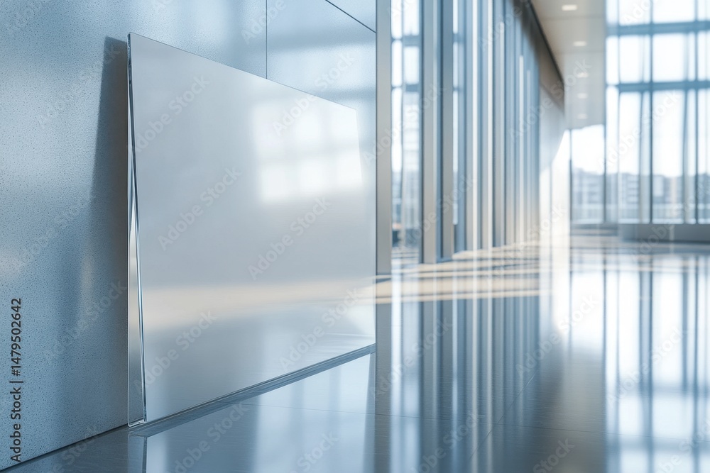 Obraz premium Clear acrylic sign holder mounted on a wall in a modern interior space during daylight