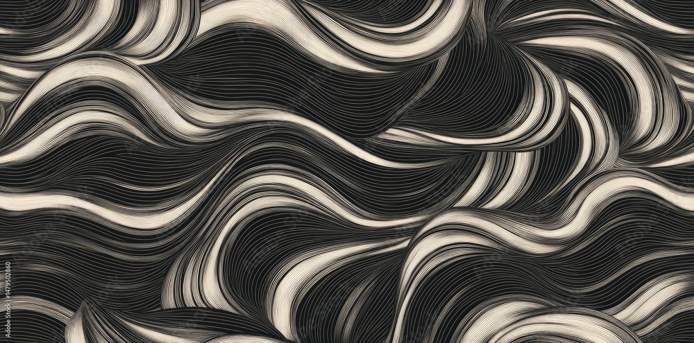 Fototapeta premium A captivating abstract pattern of flowing black and white waves. creating a sense of movement and depth. ideal for backgrounds in design projects