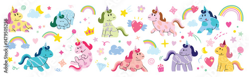 Cute Colourful Pony Unicorn character set. Dreamy magic cartoon with pegasus, horse, rainbow, diamond, crown, doodle, flower, star. Magical sweet cartoon for kids, stickers, prints, t-shirts, nursery.