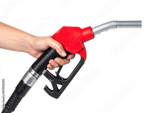 Obraz na płótnie A hand holding a red fuel pump nozzle.