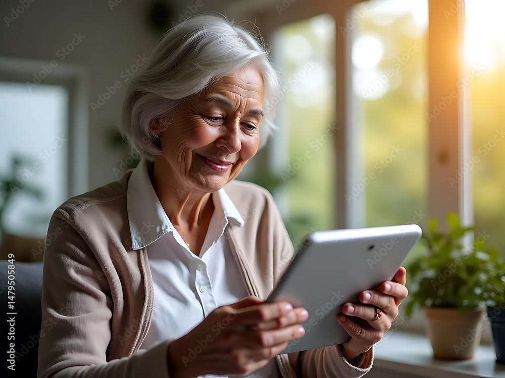 Elderly woman using tablet cozy home lifestyle content natural light close-up technology Elderly woman using tablet cozy home lifestyle content natural light close-up technology