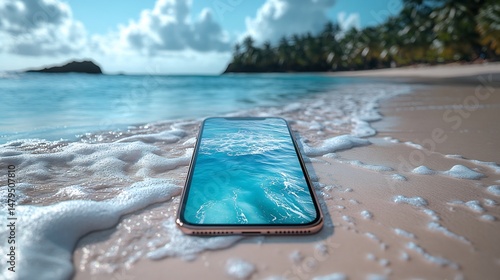 Phone render showing a coastal theme with exotic destination vibes blue aesthetic and beach lifestyle overlay cut out on isolated transparent removed background
