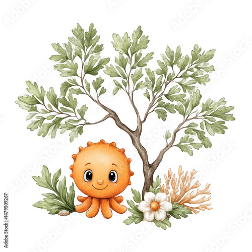 A cute orange octopus character smiles happily under a leafy green tree.