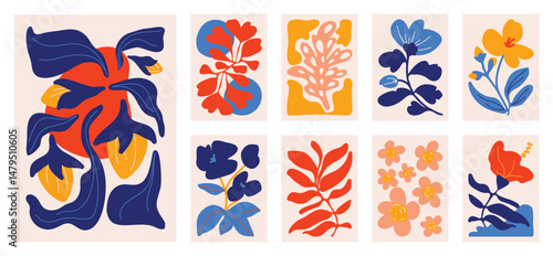 Botanical doodle background art vector set. Flower and leaves abstract shape doodle art design for print, wallpaper, clipart, wall art for home decoration.