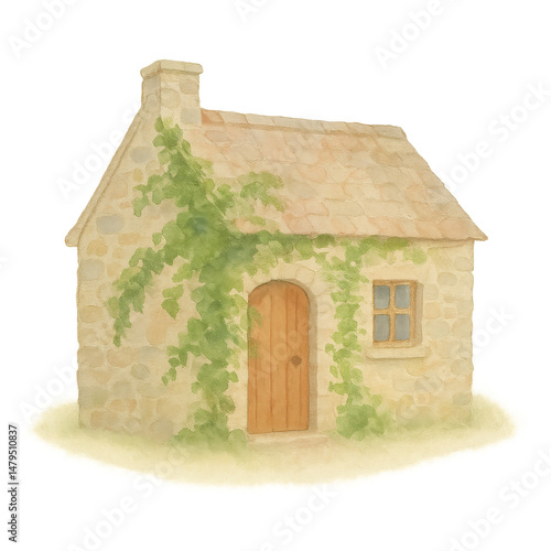 Charming small stone cottage with wooden door and window, covered in green ivy, evoking peaceful and cozy atmosphere