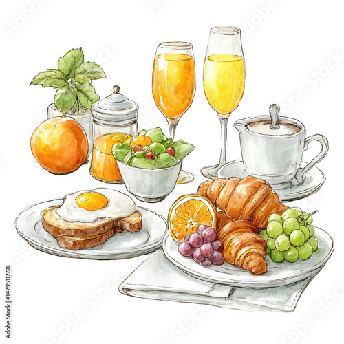 Watercolor painting of a breakfast brunch with croissants, egg and orange.