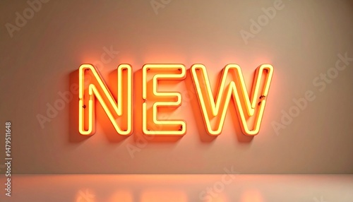 A bold neon sign displaying the word New glows vividly against a beige retro wall, creating a striking and stylish contrast