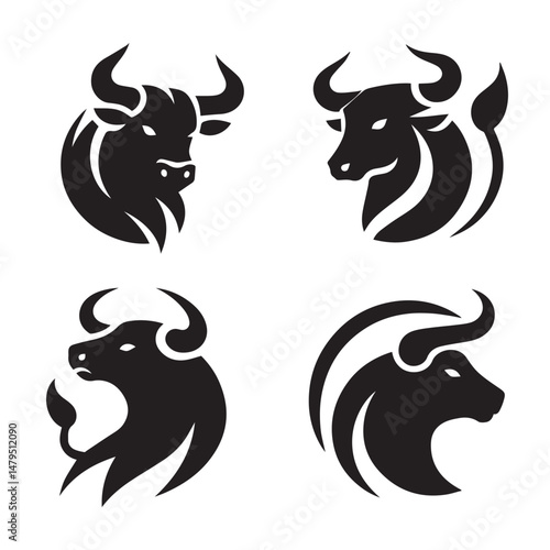black Set of vector black silhouettes of bull icon isolated a white background